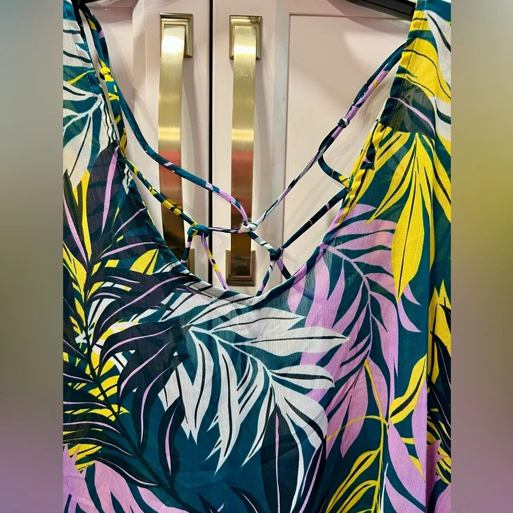 Women’s M/L. Swim Cover-Up — Tropical Leaves Print, Teal Multicolor, shear.  B6